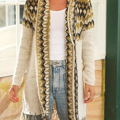 Boho Cardigan Women's Plus Geometric Pattern Fringe Trim Sweater