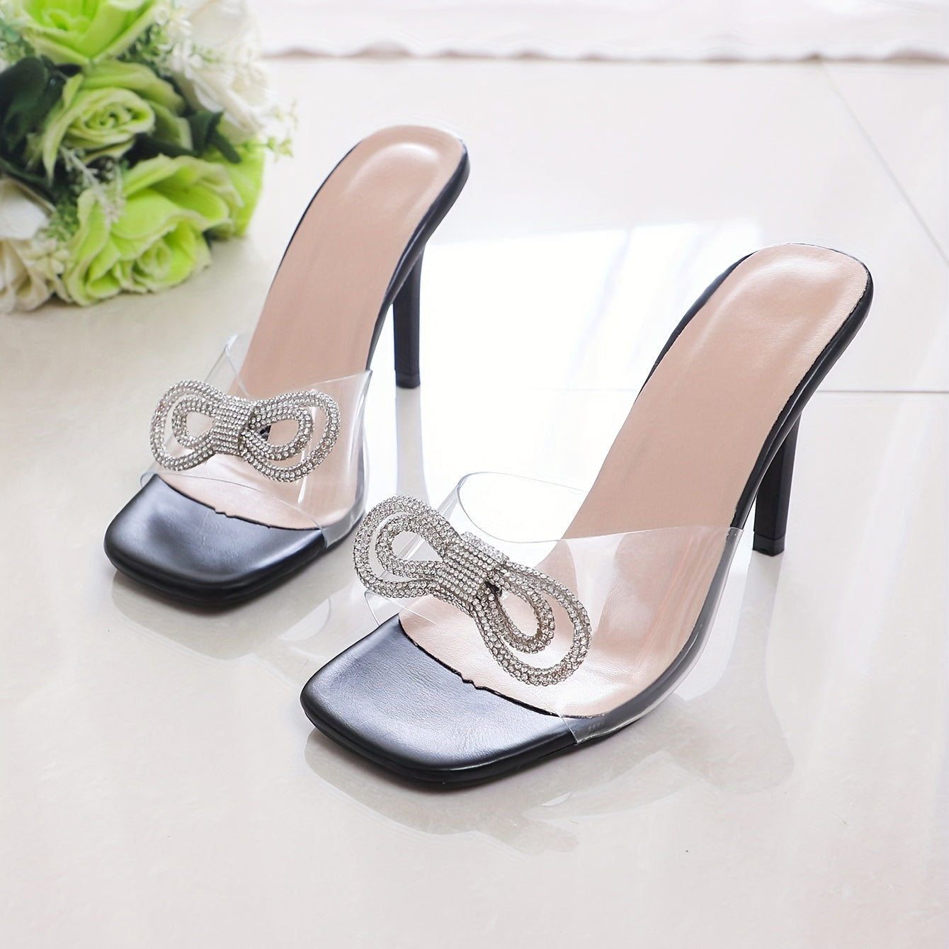 Rhinestone & Bow Stiletto Heels Square Toe Pumps