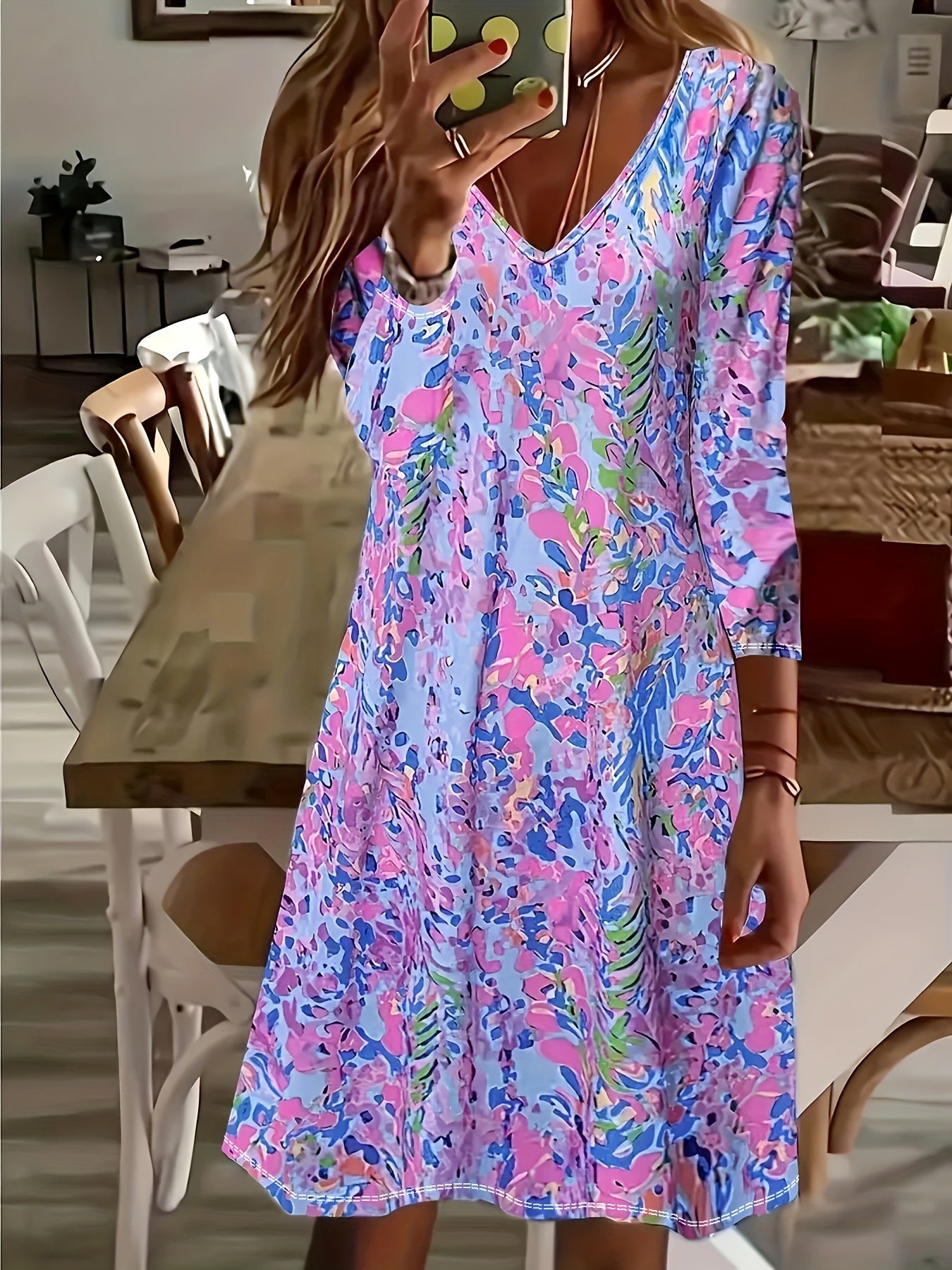 Boho Dress Women's Floral Print V Neck Knee Length Dress