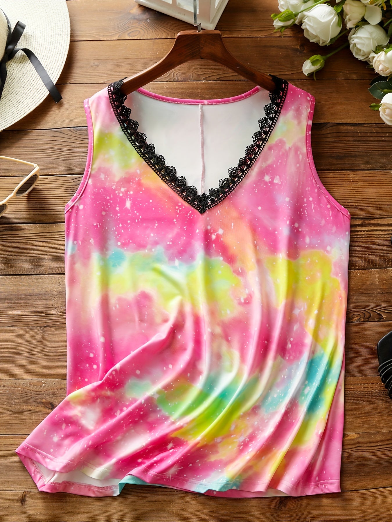 Tie Dye Lace Trim Tank Top V Neck