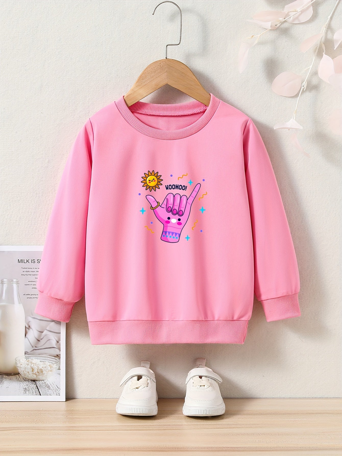 Cartoon Hand Print Girls Casual Pullover Sweatshirt