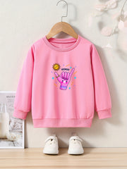 Cartoon Hand Print Girls Casual Pullover Sweatshirt