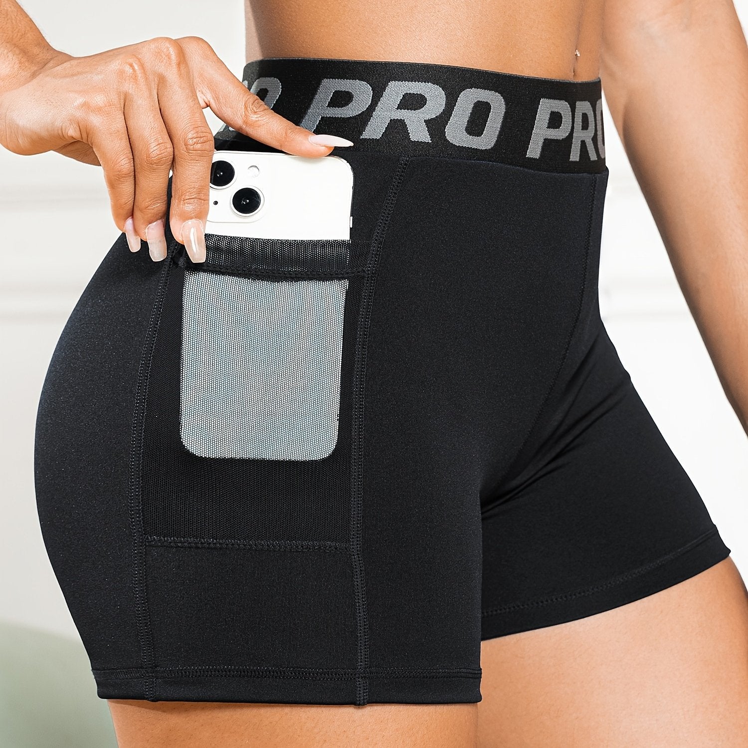 Letter Pattern High Waist Yoga Shorts With Pocket