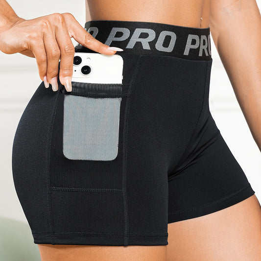 Letter Pattern High Waist Yoga Shorts With Pocket
