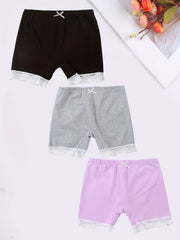 3pcs Girl's Cotton Boyshorts Lace Trim Elastic Waist Shorts