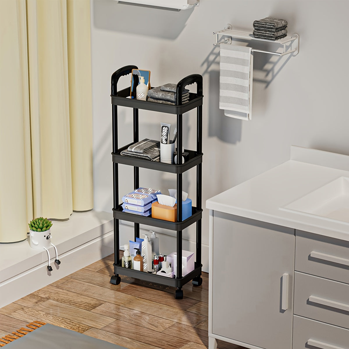 4 Tier Utility Cart with Handle and Wheels - Multipurpose Rolling Storage