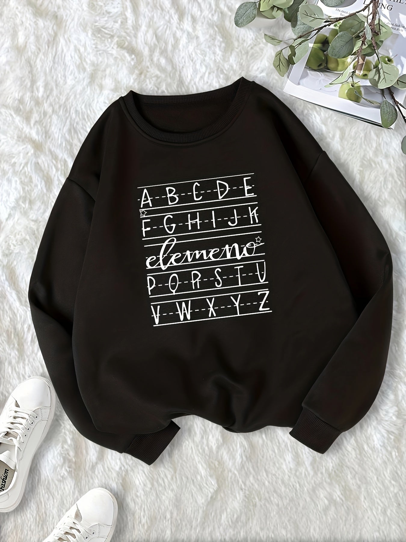 Round Neck Pullover Sweatshirt Fleece Lined Loose Hoodie Women