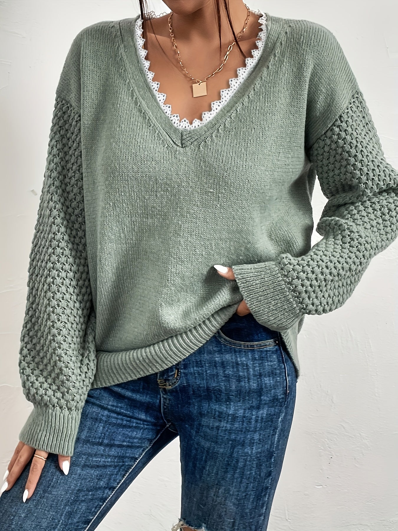 Lace V Neck Pullover Sweater Casual Long Sleeve Drop Shoulder Sweater