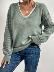 Lace V Neck Pullover Sweater Casual Long Sleeve Drop Shoulder Sweater