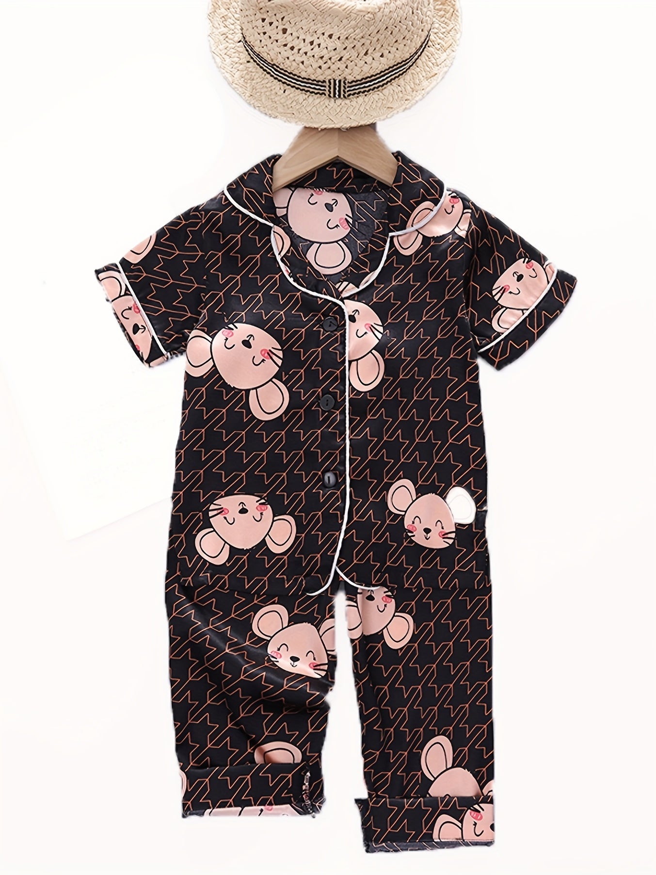 Cartoon Mouse Kid's Satin Pajamas 2pcs Short Sleeve Top & Pants Set