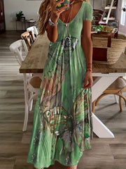 Butterfly Print V Neck Dress Short Sleeve Casual Dress for Spring & Summer