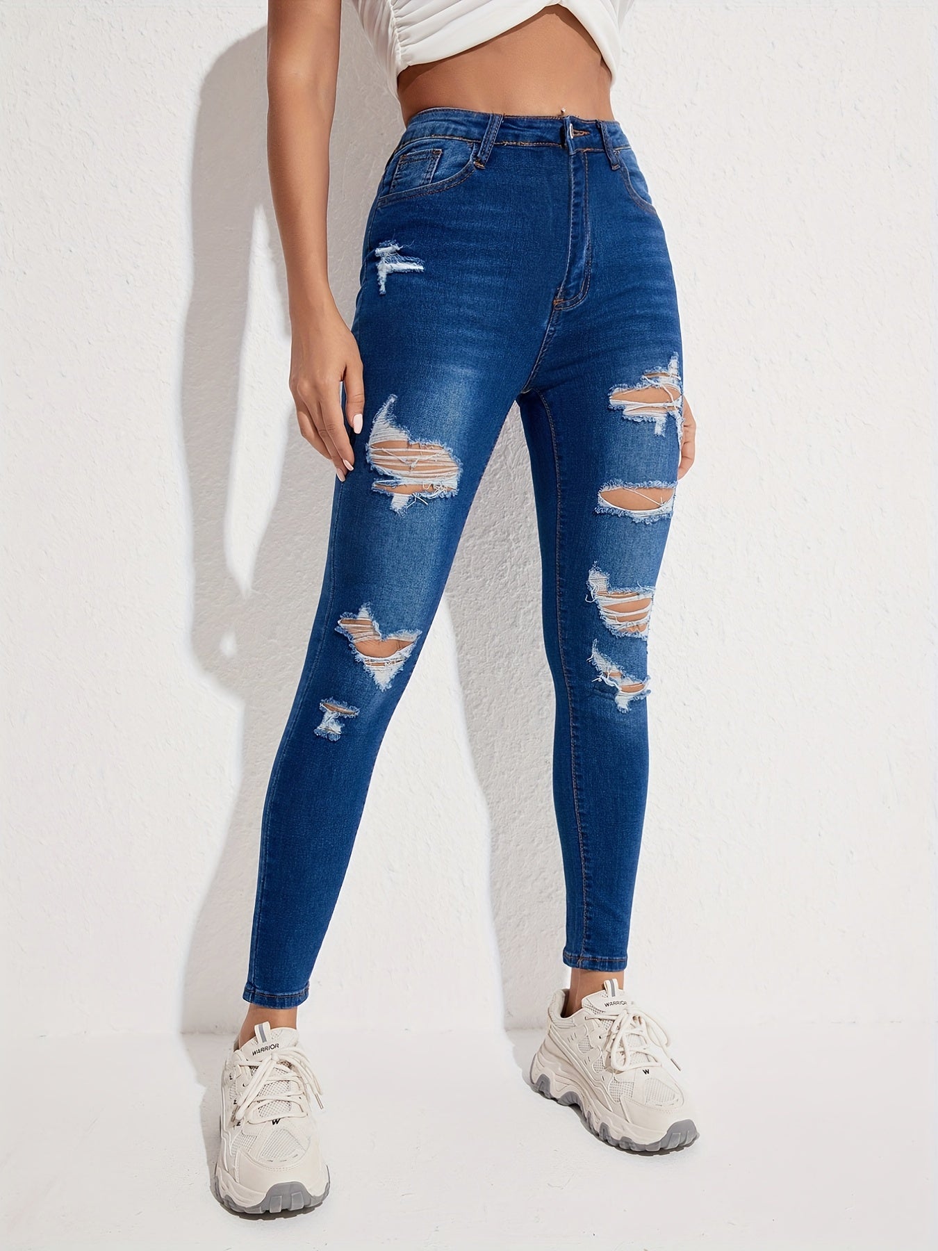 Ripped Holes Skinny Jeans Slim Fit Slash Pockets Slight Stretch