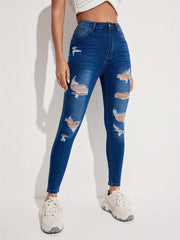 Ripped Holes Skinny Jeans Slim Fit Slash Pockets Slight Stretch