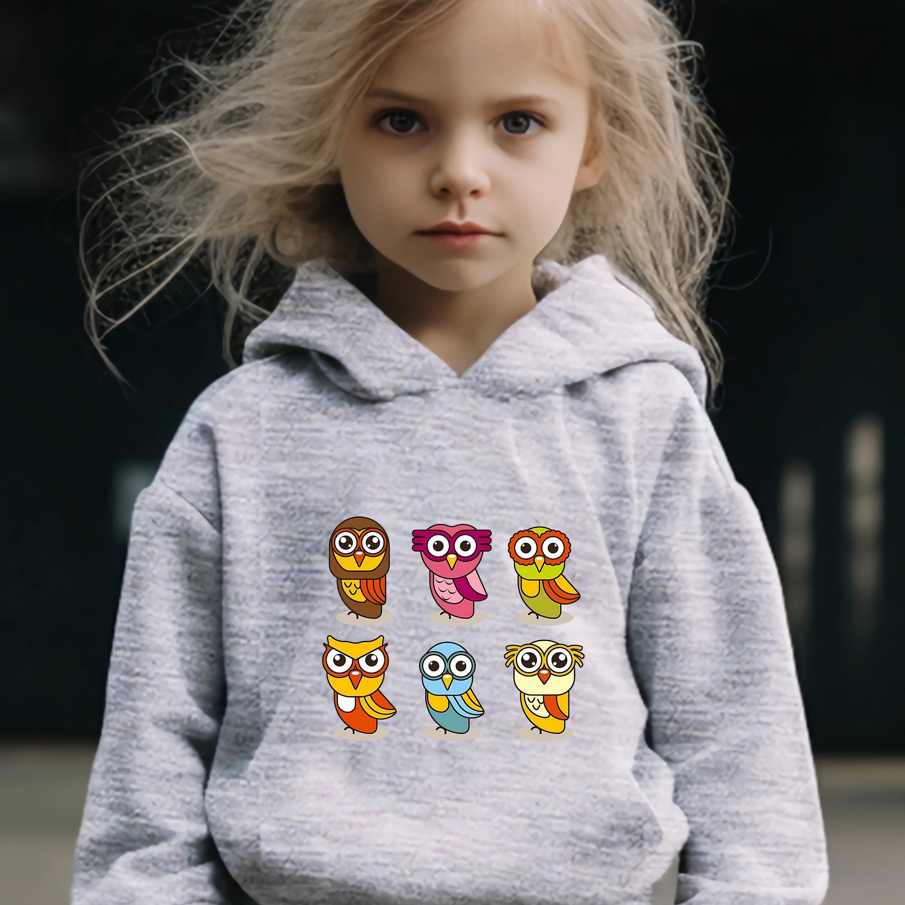 Cartoon Owls Print Hoodie & Pants Set Girl's Sporty Clothes