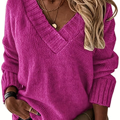 V Neck Drop Shoulder Knit Sweater Long Sleeve Casual Pullover