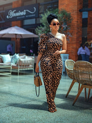 Leopard Print One Shoulder Jumpsuit Asymmetrical Neck Stretchy Jumpsuit