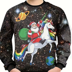 Santa Claus Riding Unicorn Print Boys Christmas Sweatshirt