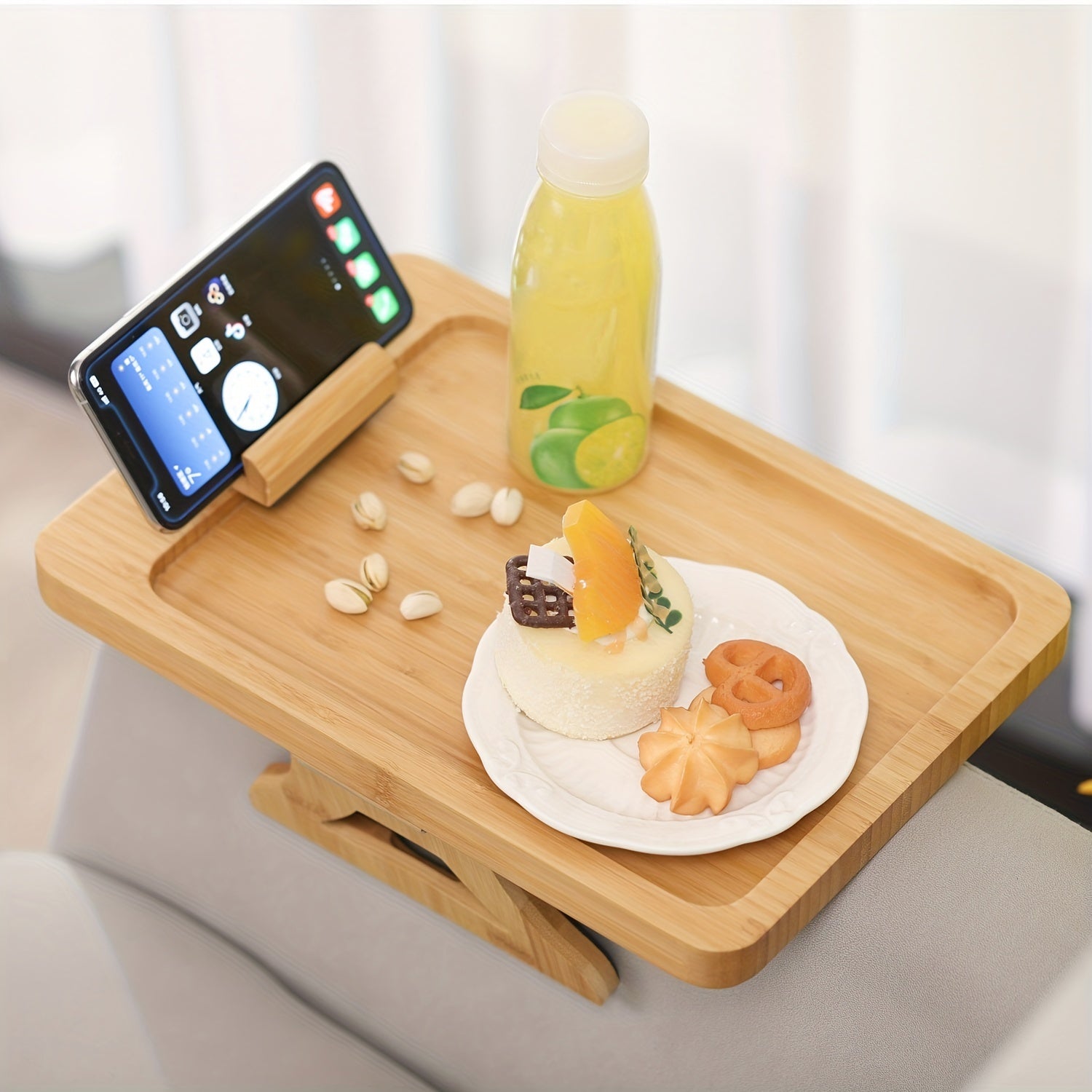 Bamboo Sofa Arm Table with Foldable Tray Clip Table