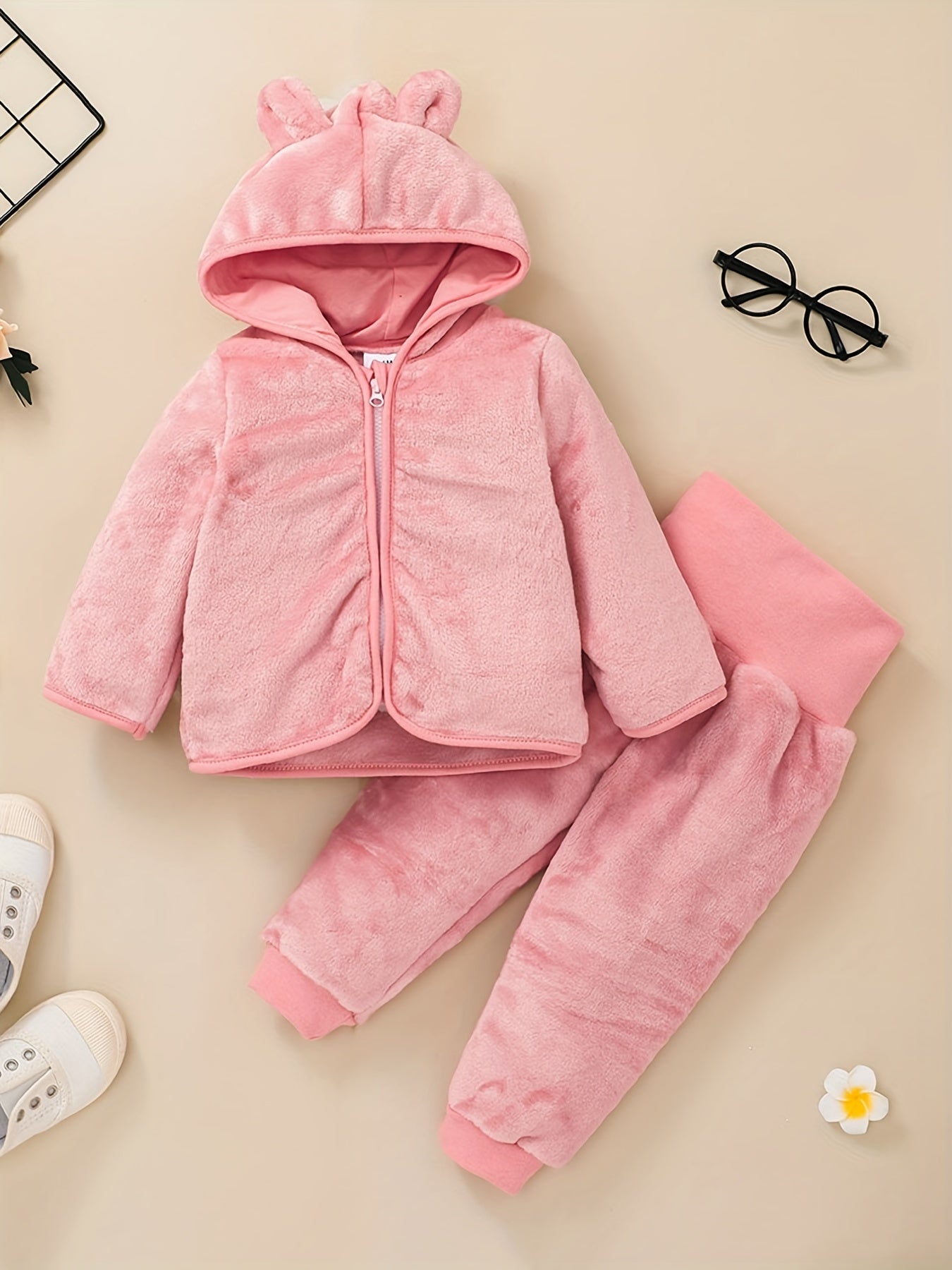 Baby Girls Solid Thermal Outfit Zip Up Hooded Coat Trousers Set