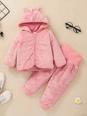 Baby Girls Solid Thermal Outfit Zip Up Hooded Coat Trousers Set