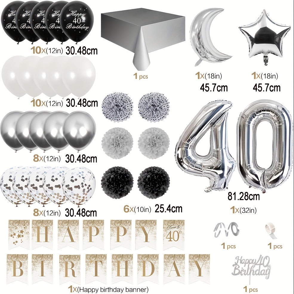 40th Birthday Party Decorations - Silvery Metal Balloons and Rainbow Confetti
