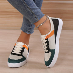 Women's Colorblock Knit Sneakers Lace Up Low Top Shoes