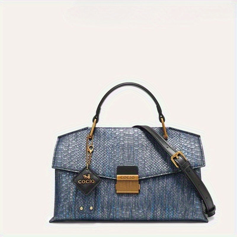 Vintage Croc Pattern Large Tote Bag Women Split Leather Shoulder Detachable Stra