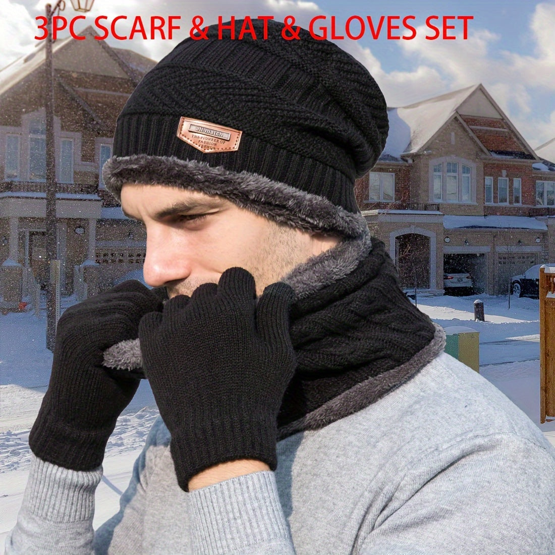 Winter Beanie Hat Scarf Gloves Set Warm Fleece Knit Touch Screen