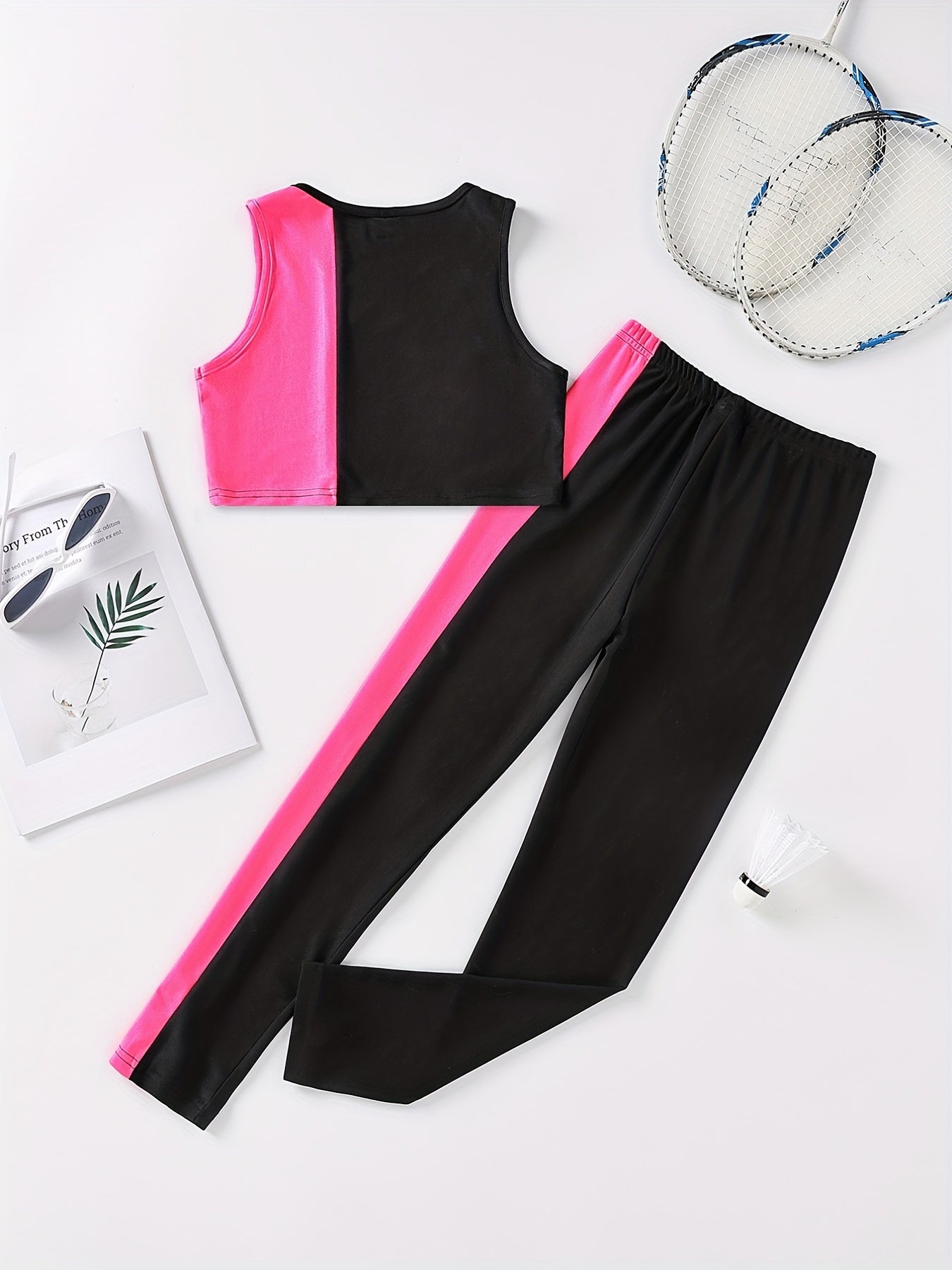 Girls Activewear Letter Block Stitching Sports Tank Top & Sweat Pants Set