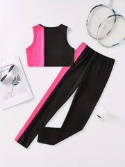 Girls Activewear Letter Block Stitching Sports Tank Top & Sweat Pants Set