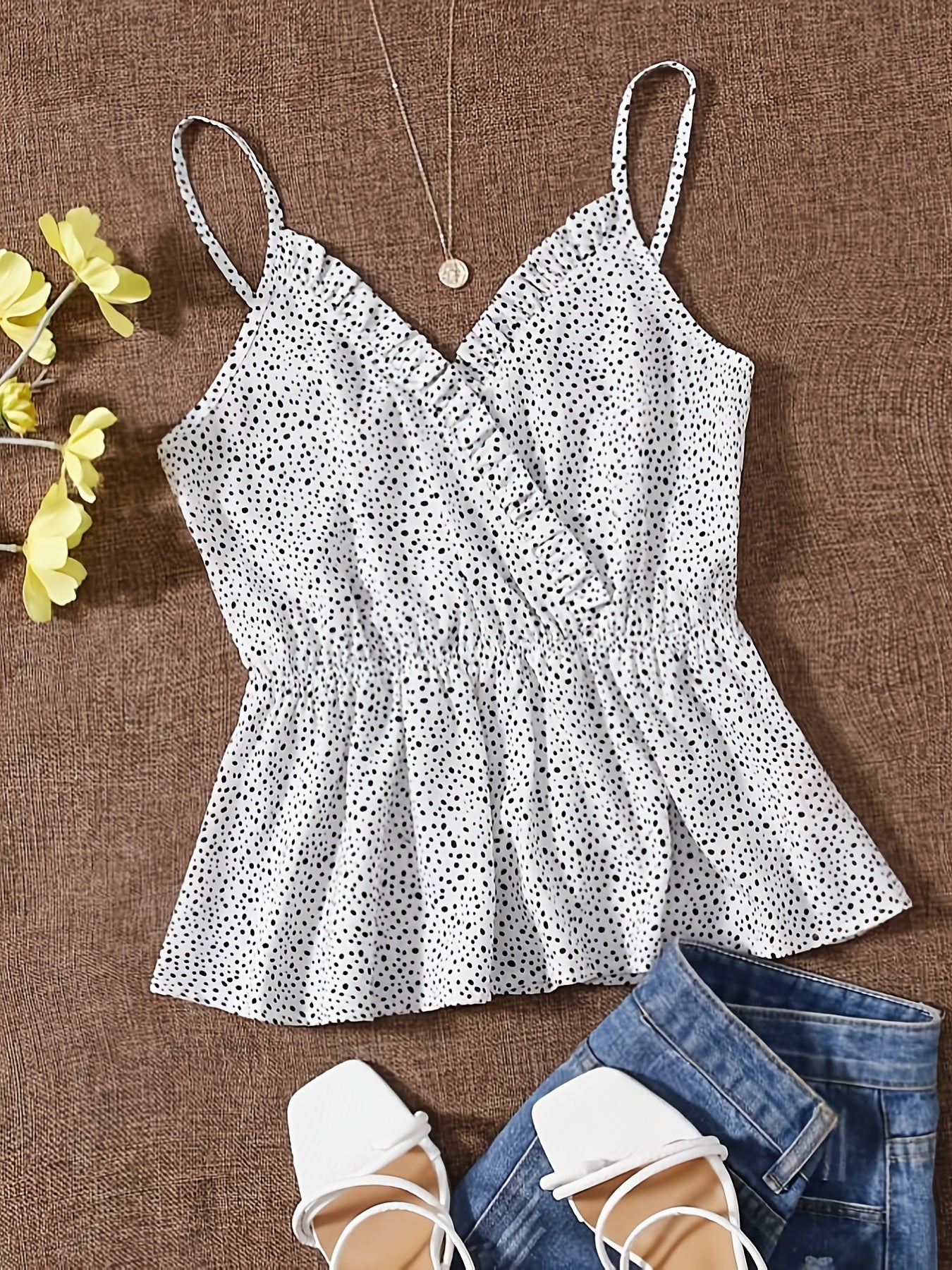 Polka Dot Ruffle Trim Cami Top V Neck Spaghetti Strap