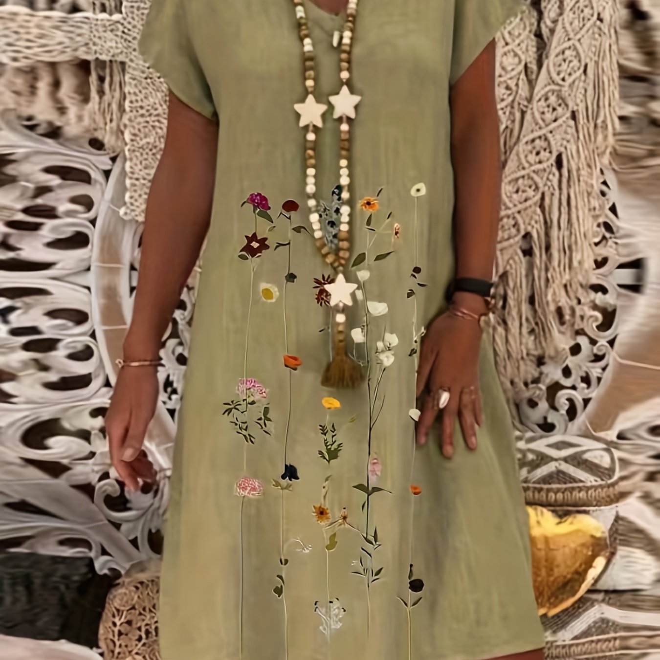 Floral Print V Neck Dress Short Sleeve for Spring & Summer