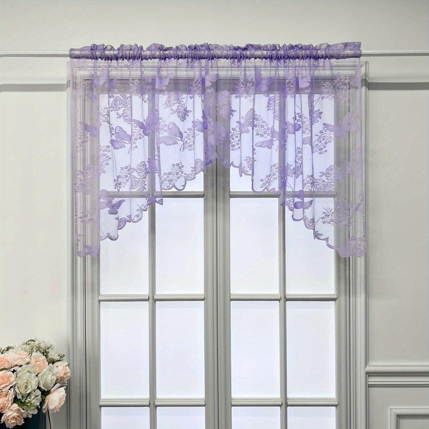 Purple Butterfly Flower Valance Sheer Curtain Tulle Short Valance