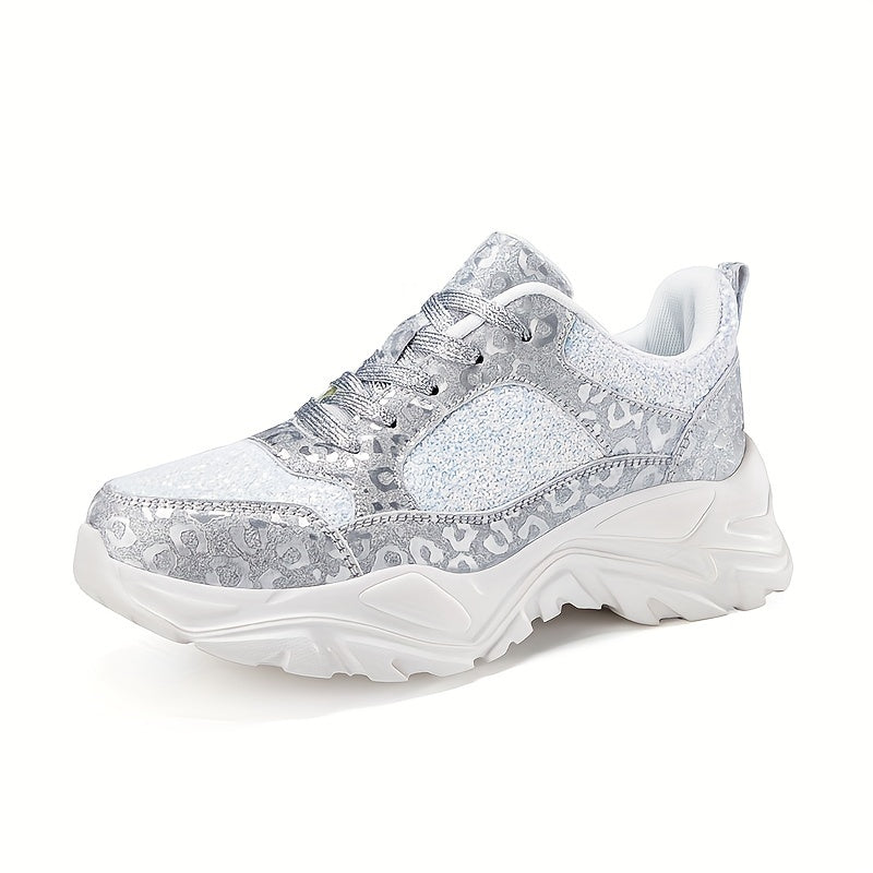 Leopard Print Patchwork Dad Shoes Lace-Up Chunky Sneakers
