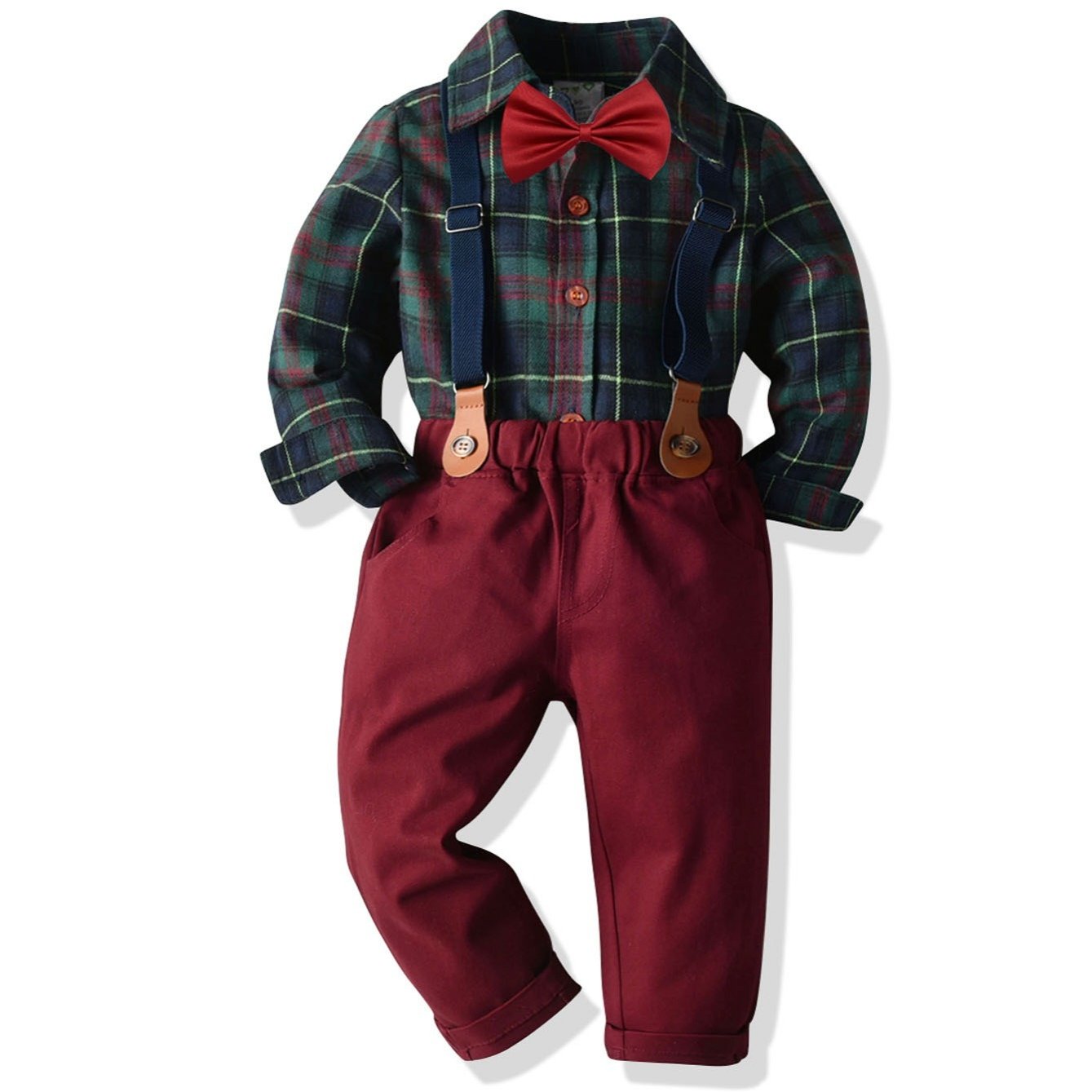 Baby Boys Gentleman Outfit Plaid Shirt & Suspender Pants Set