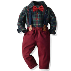Baby Boys Gentleman Outfit Plaid Shirt & Suspender Pants Set