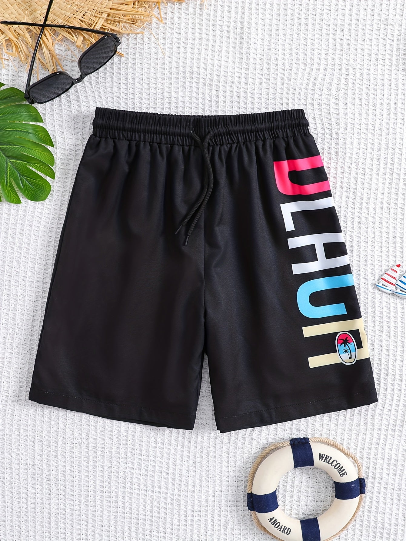 Boys Swim Trunks Elastic Waist Beach Pants BEACH Print Swim Shorts