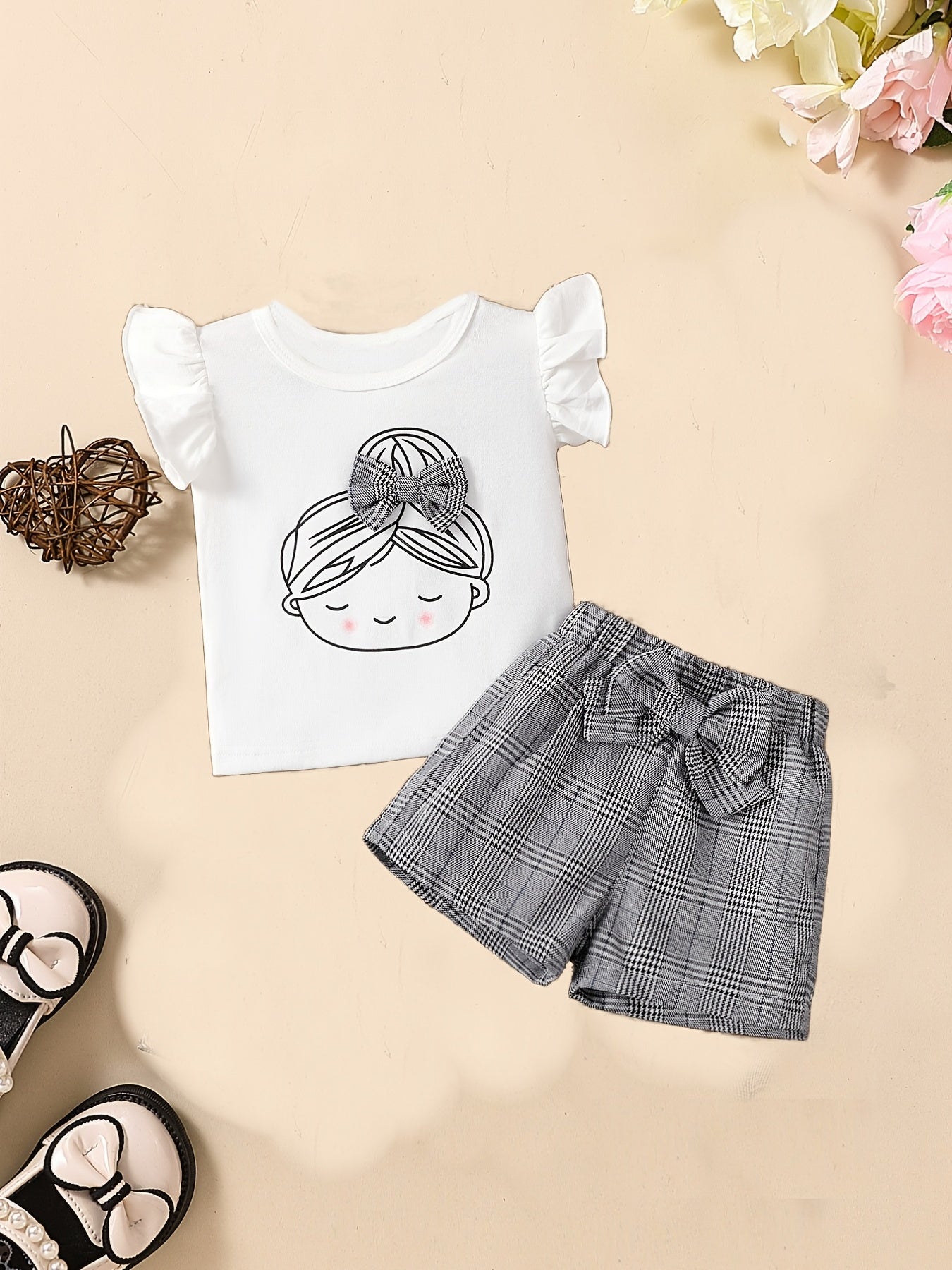 2pcs Baby Girls Graphic Print Ruffle Sleeve T-shirt & Plaid Bow Shorts Set