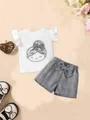 2pcs Baby Girls Graphic Print Ruffle Sleeve T-shirt & Plaid Bow Shorts Set