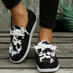 Women's Cow Pattern Patchwork Boat Shoes Lace Up Slip On Canvas Shoes