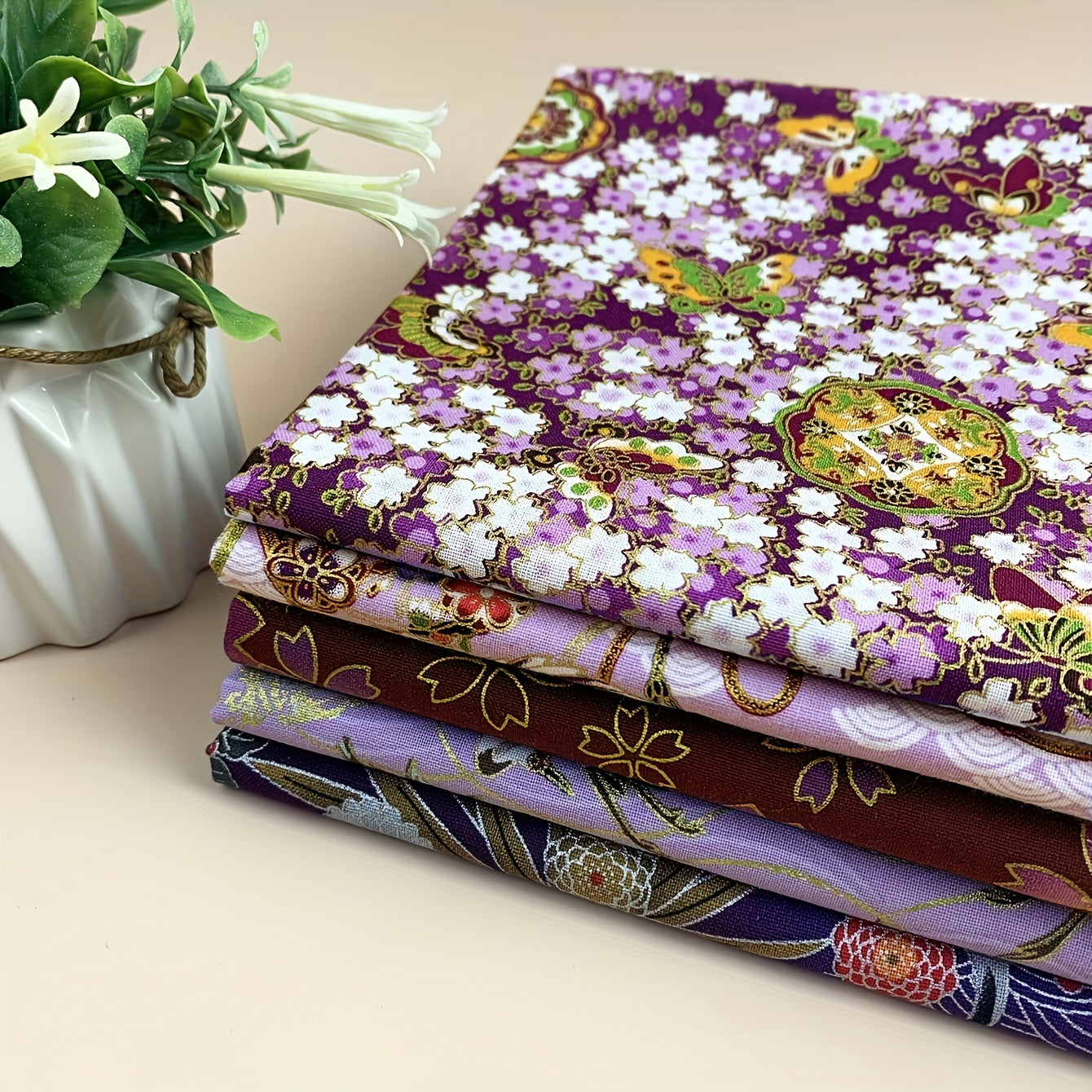 5pcs Japanese Style Purple Flower Cotton Quilting Fabric DIY Clipping Cloth