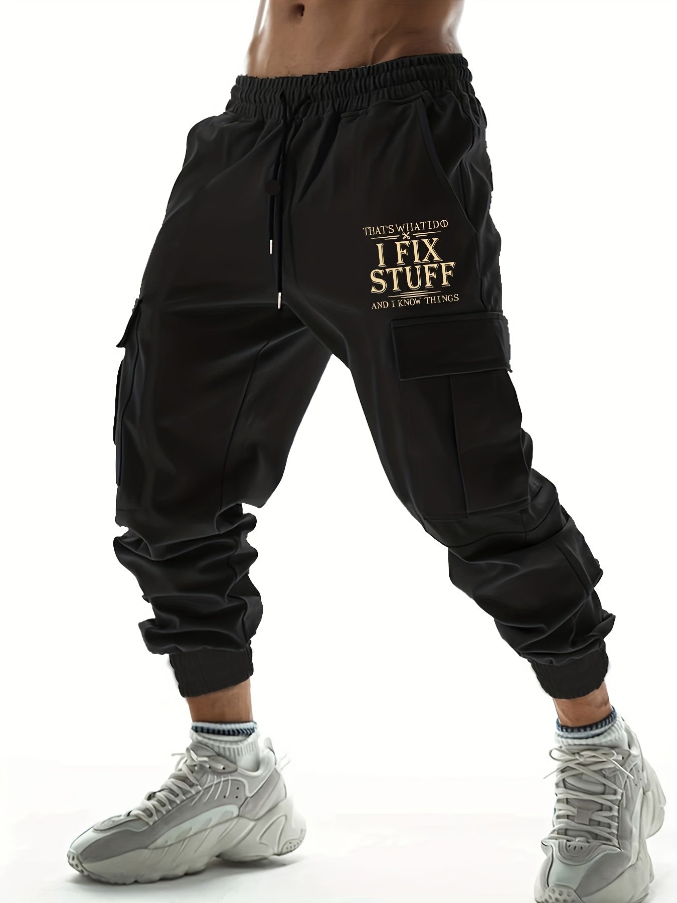 Hipster I Fix Stuff Print Cargo Pants Men s Flap Pocket Trousers