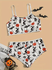 Witch & Bat Print Round Neck Bra & Panty Gothic Lingerie Set