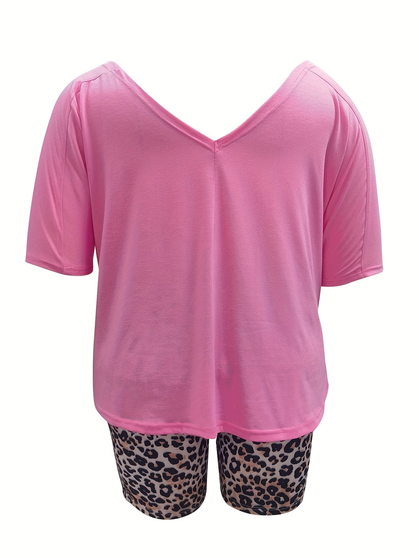 Women's Plus Solid V Neck Top & Leopard Shorts Set
