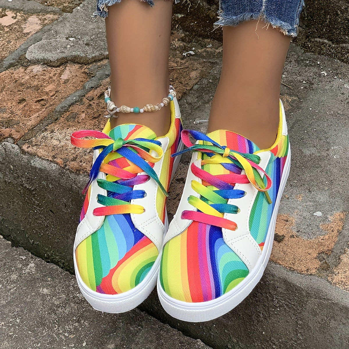 Women's Rainbow Print Lace Up Round Toe Flat Sneakers