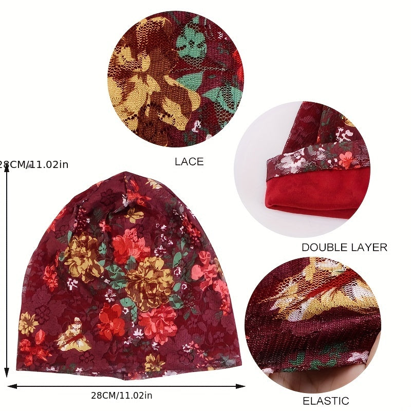 Flower Print Lace Beanie Cap Head Wrap Elastic Turban Bonnet Chemo Hats