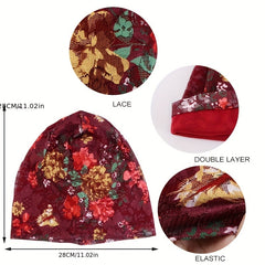 Flower Print Lace Beanie Cap Head Wrap Elastic Turban Bonnet Chemo Hats