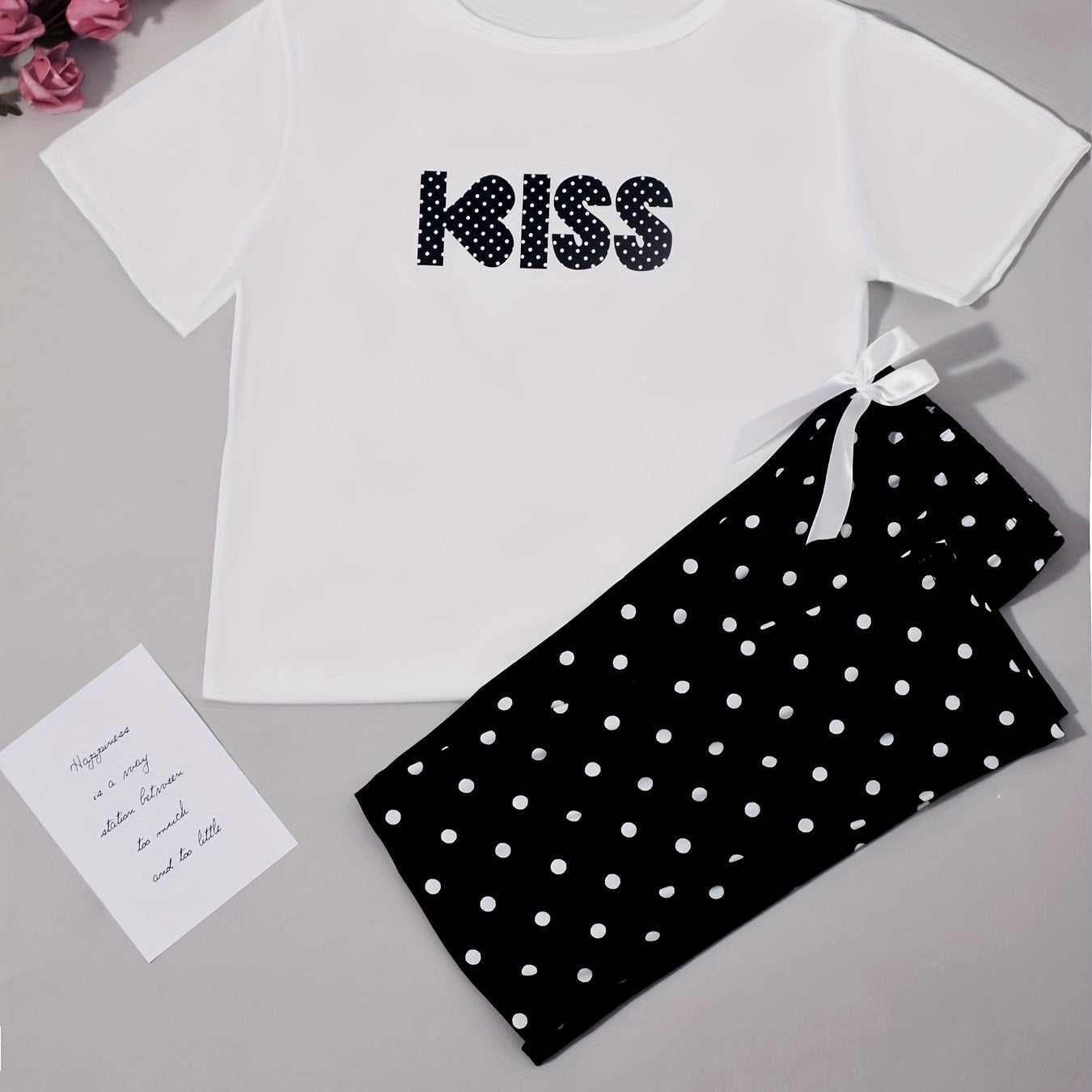 Letter Print Pajama Set Short Sleeve Crew Neck Top & Polka Dot Pants