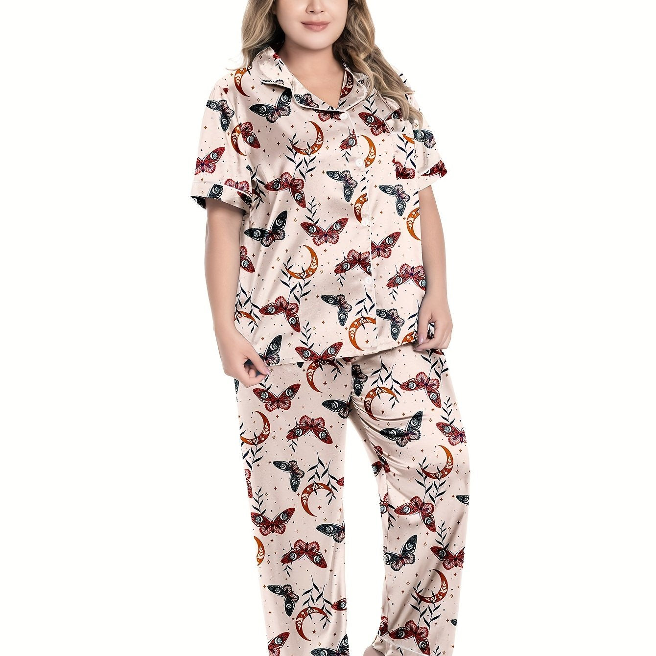 Retro Pajamas Set Women's Plus Butterfly & Moon Print Satin Shirt
