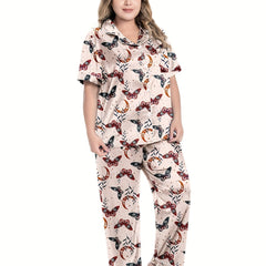 Retro Pajamas Set Women's Plus Butterfly & Moon Print Satin Shirt